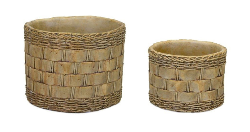 Faux-Wicker Decorative Stone Pots (Set of 2)