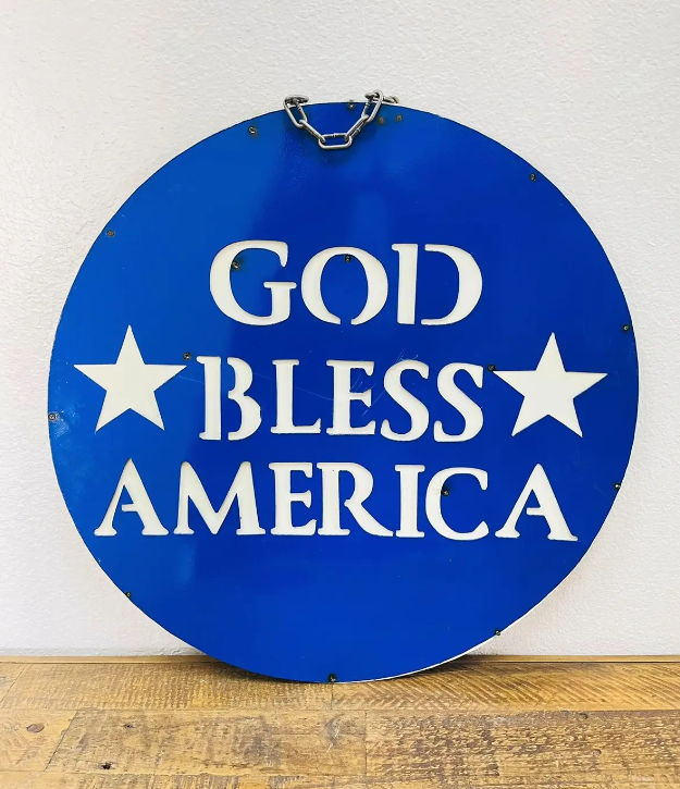 Round Metal Wall Sign God Bless America Blue