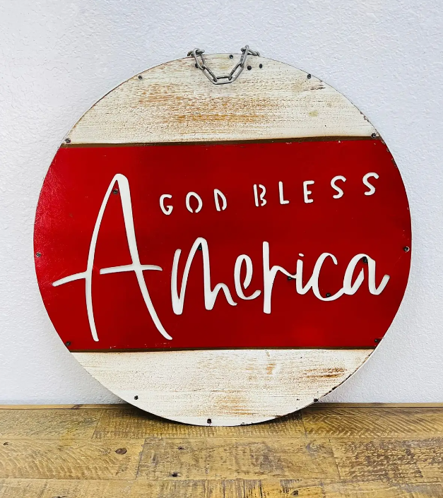 Round Metal Wall Sign God Bless America, Red