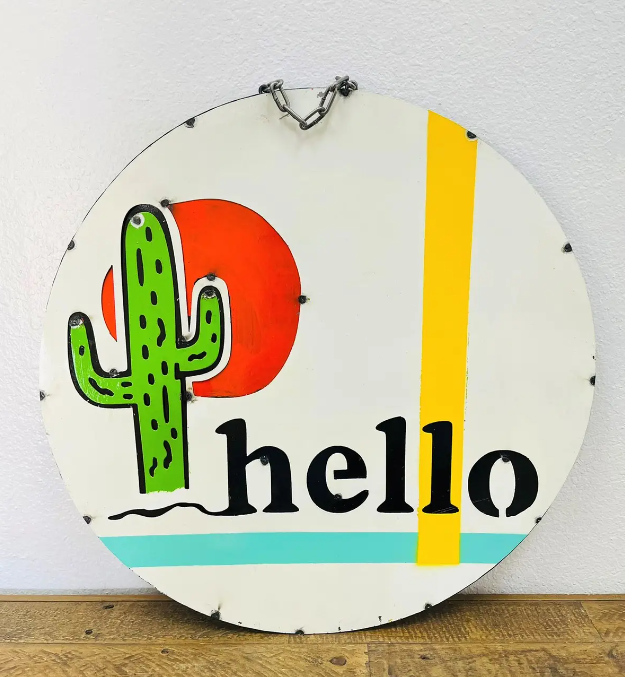 Round Metal Wall Sign Hello Cactus