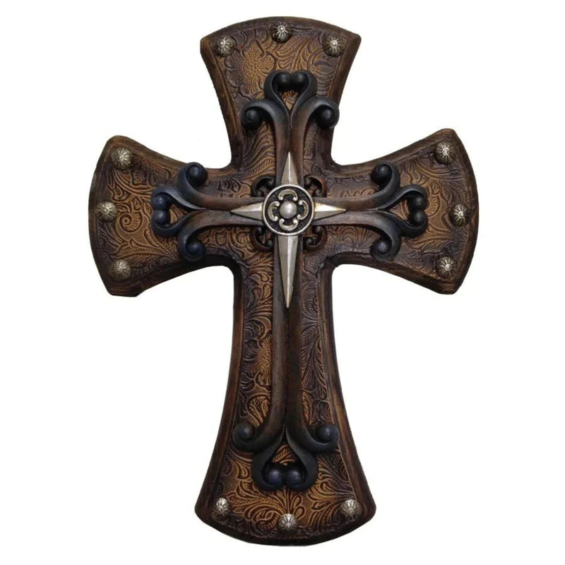 STUDDED TOOLED LEATHER WOOD CROSS W/ SILVER CROSS OVERLAY