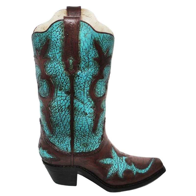TURQUOISE DISTRESSED COWBOY BOOT VASE