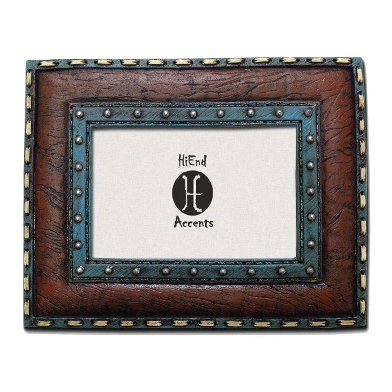 TURQUOISE EDGE W/ STITCHING LEATHER INSERT PICTURE FRAME