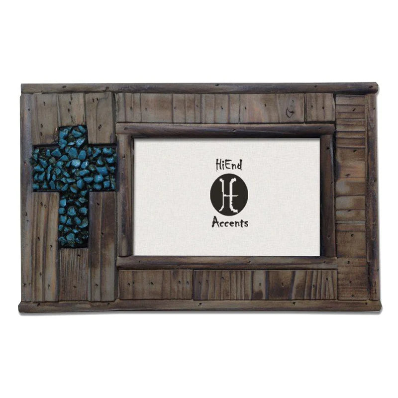 WOOD W/ TURQUOISE ROCK CROSS PICTURE FRAME