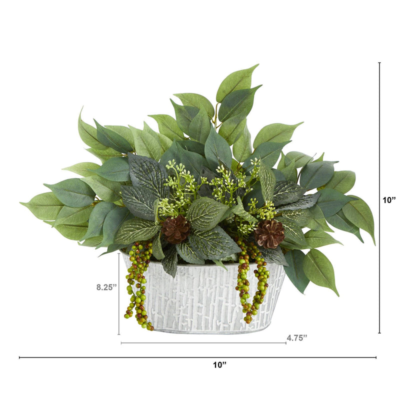 10” Mixed Ficus and Fittonia Artificial Plant in White Tin Planter by Nearly Natural