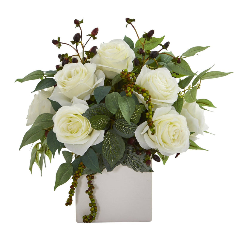 11” Rose and Mixed Greens and Berries Artificial Arrangement by Nearly Natural