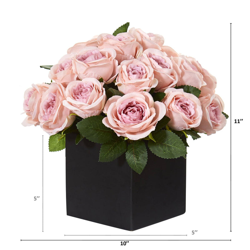 11” Rose Artificial Arrangement in Black Vase by Nearly Natural