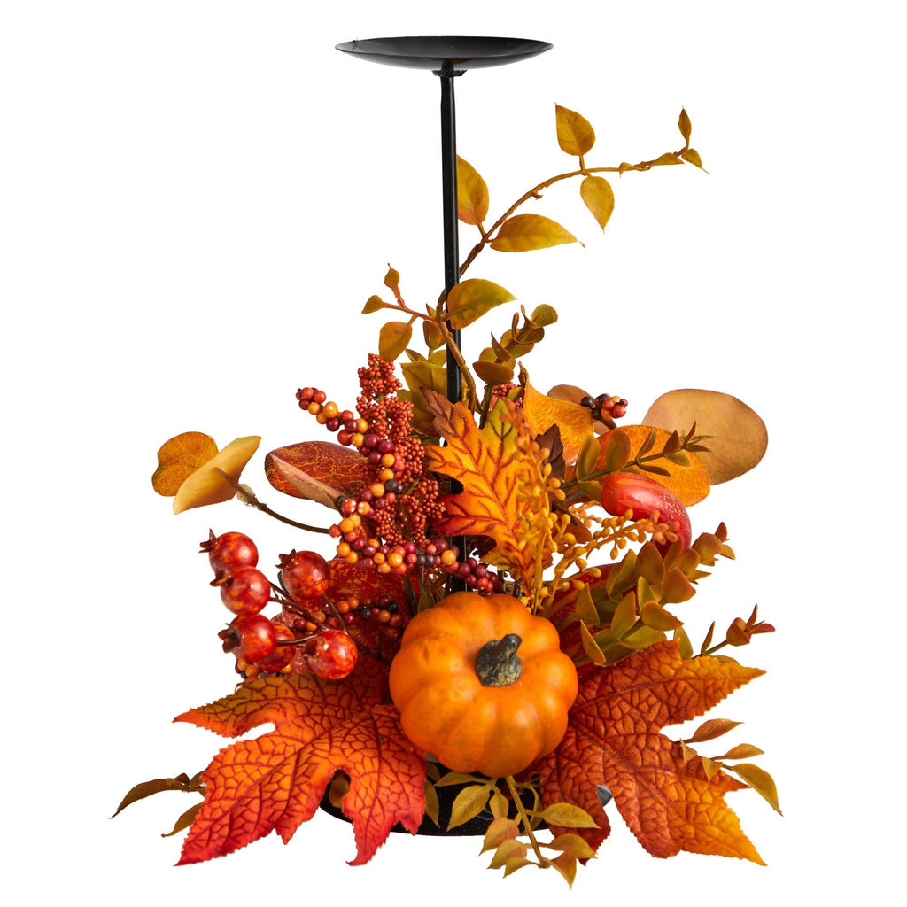 12” Fall Maple Leaves, Berries and Pumpkin Autumn Harvest Candle Holder by Nearly Natural