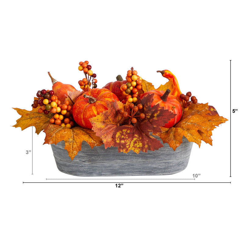 12” Fall Pumpkin and Berries Autumn Harvest Artificial Arrangement in Washed Vase by Nearly Natural
