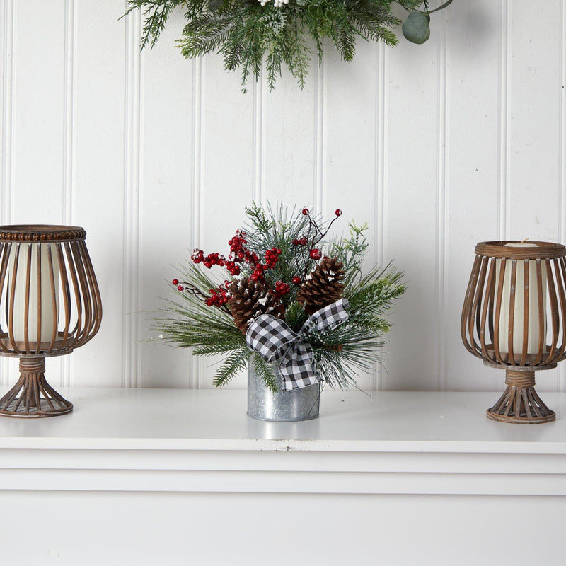12” Frosted Pinecones and Berries Artificial Arrangement in Vase with Decorative Plaid Bow by Nearly Natural