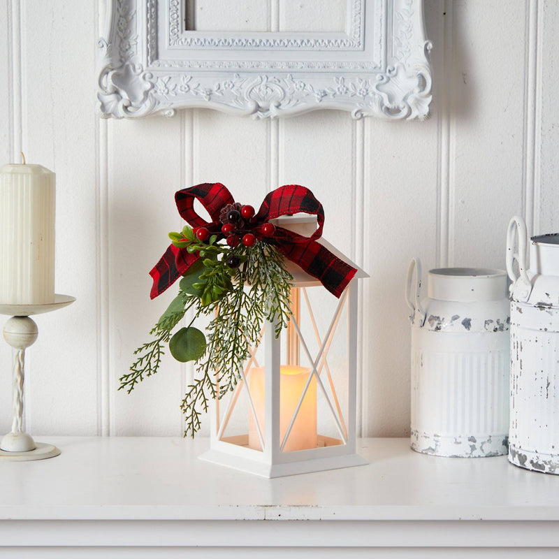 12" Holiday White Lantern With Berries, Pine and Plaid Bow Christmas Table Arrangement" by Nearly Natural
