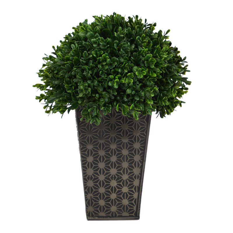 13” Boxwood Topiary Artificial Plant in Embossed Black Planter (Indoor/Outdoor) by Nearly Natural