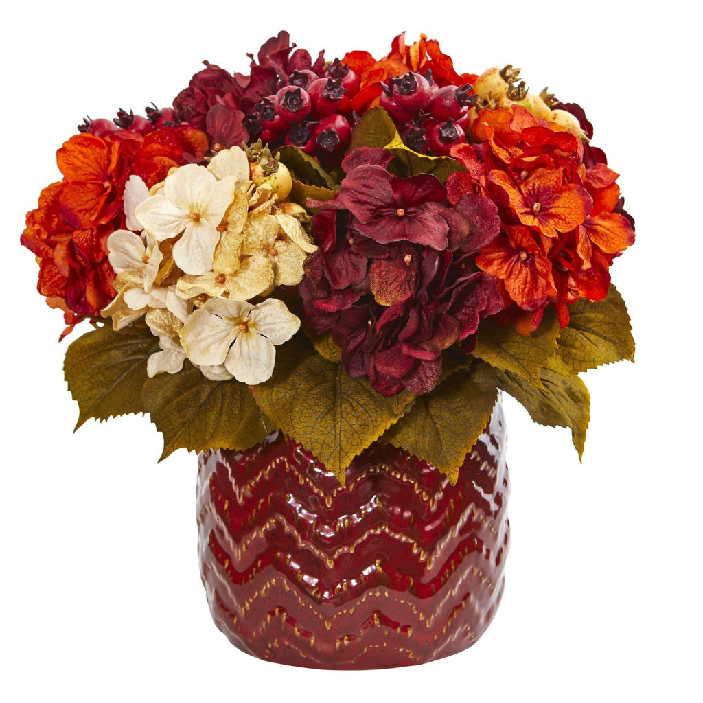 14" Hydrangea Berry Artificial Arrangement in Red Vase" by Nearly Natural