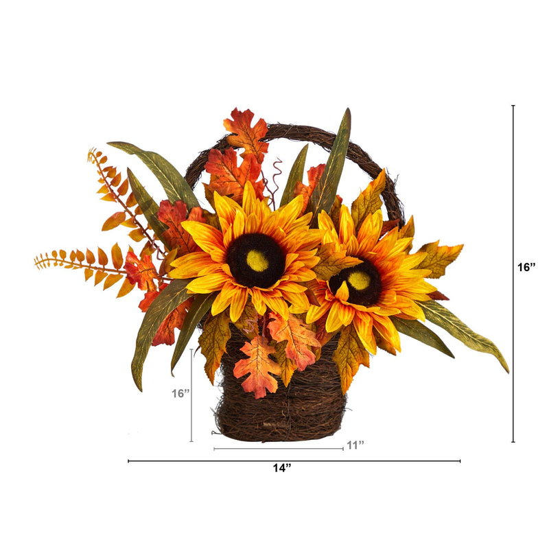 16” Fall Sunflower Artificial Autumn Arrangement in Decorative Basket by Nearly Natural