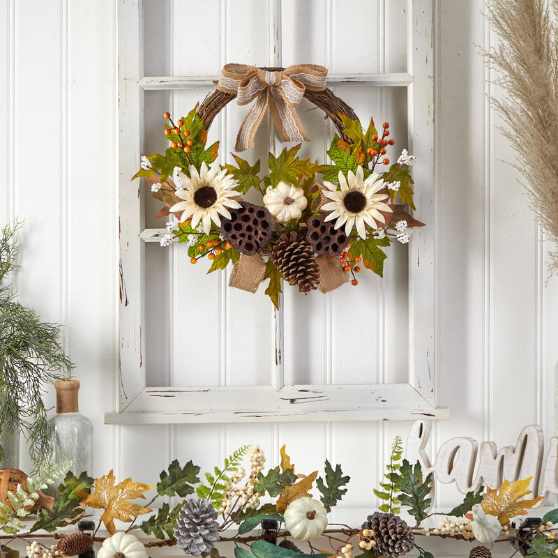 20” Autumn Sunflower, White Pumpkin and Dried Lotus Pod Artificial Fall Wreath with Decorative Bow by Nearly Natural