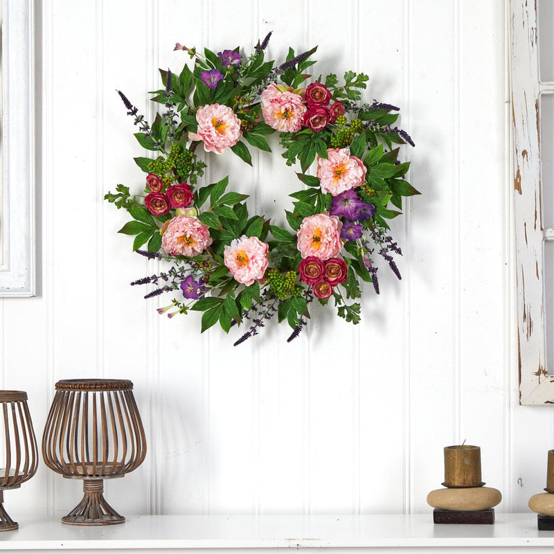 22” Assorted Peony Artificial Wreath by Nearly Natural