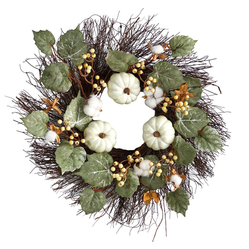22” Autumn Green Pumpkin, Cotton and Berries Artificial Fall Wreath by Nearly Natural