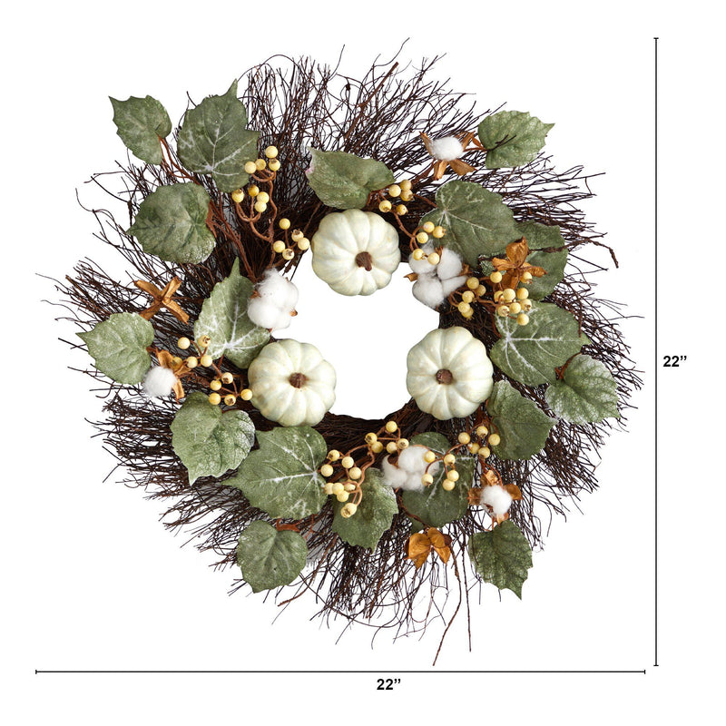 22” Autumn Green Pumpkin, Cotton and Berries Artificial Fall Wreath by Nearly Natural