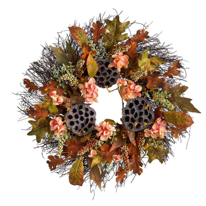 22” Autumn Hydrangea, Dried Lotus Pod Artificial Fall Wreath by Nearly Natural