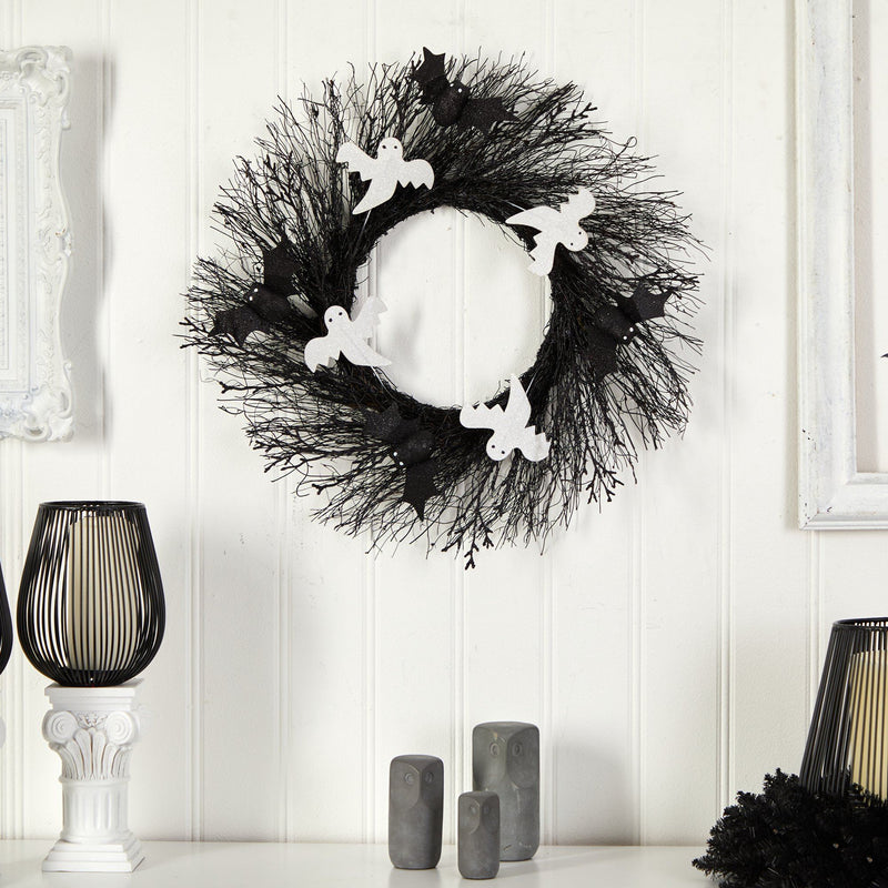 22" Halloween Ghost and Bats Twig Wreath" by Nearly Natural