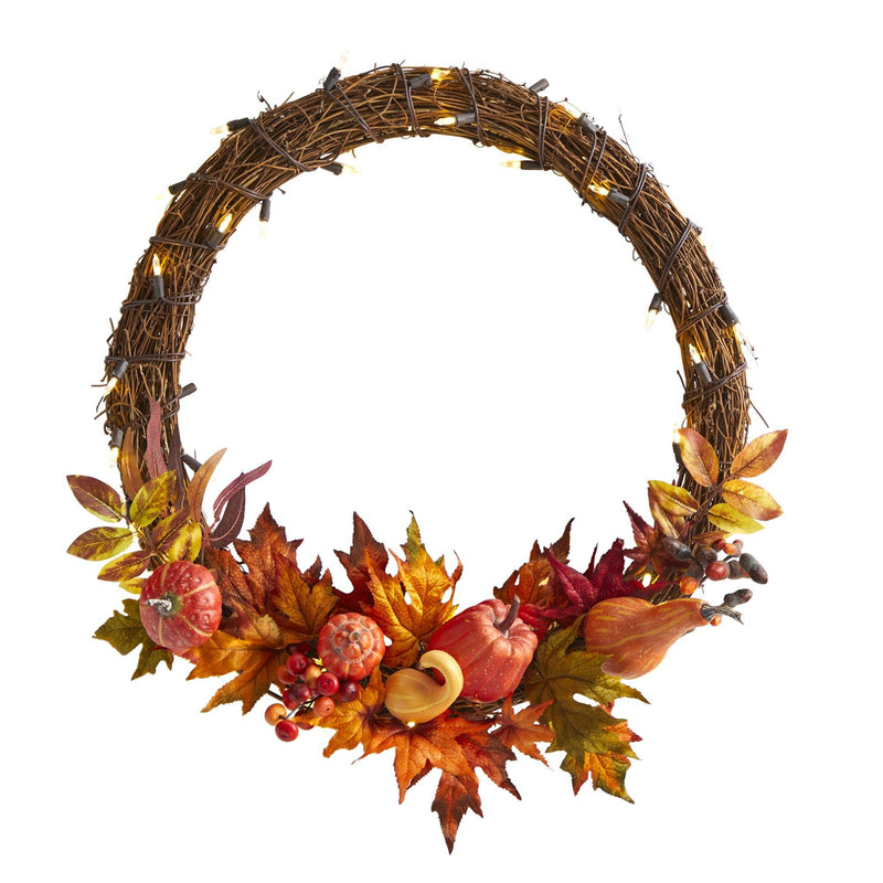 22” Pumpkin and Maple Artificial Autumn Wreath with 50 Warm White LED Lights by Nearly Natural