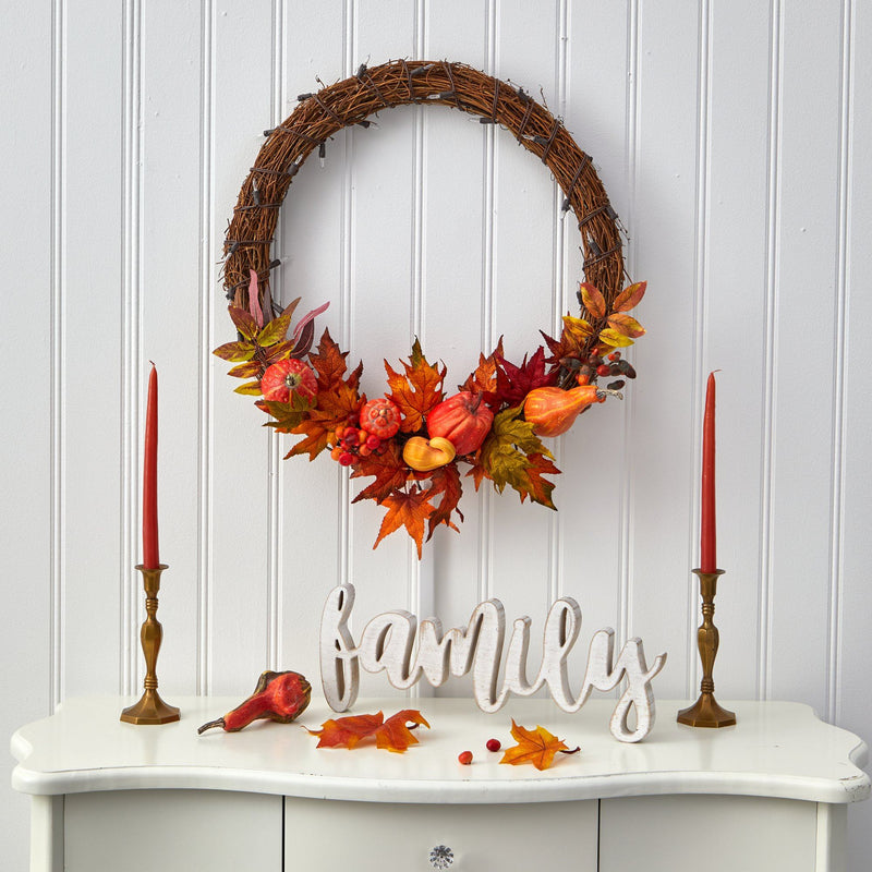 22” Pumpkin and Maple Artificial Autumn Wreath with 50 Warm White LED Lights by Nearly Natural