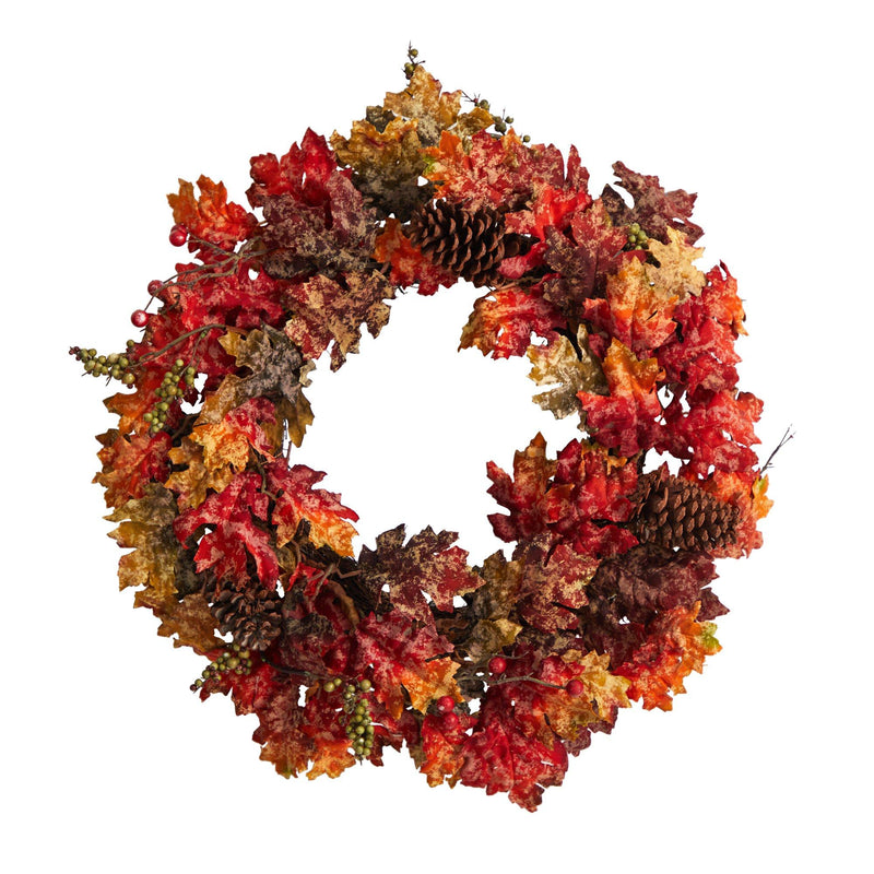 24” Autumn Maple, Berries and Pinecone Fall Artificial Wreath by Nearly Natural