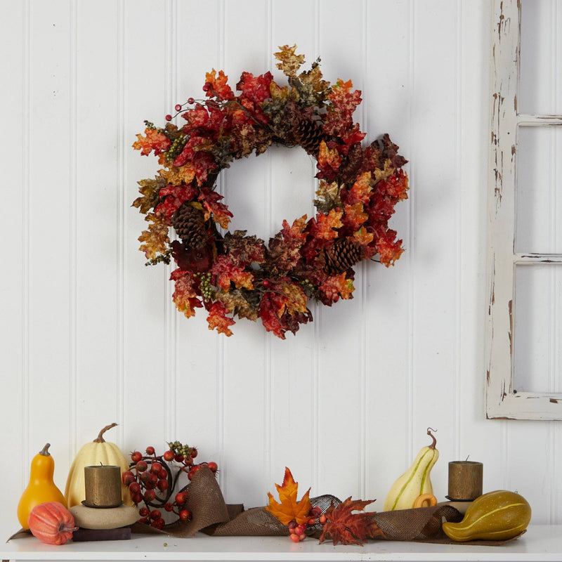 24” Autumn Maple, Berries and Pinecone Fall Artificial Wreath by Nearly Natural