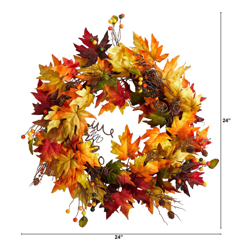 24” Autumn Maple Leaf and Berries Artificial Fall Wreath with Twig Base by Nearly Natural