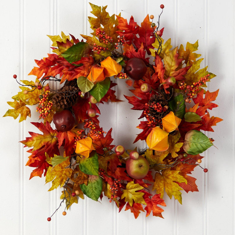 24” Autumn Maple Leaf and Berries Fall Artificial Wreath by Nearly Natural
