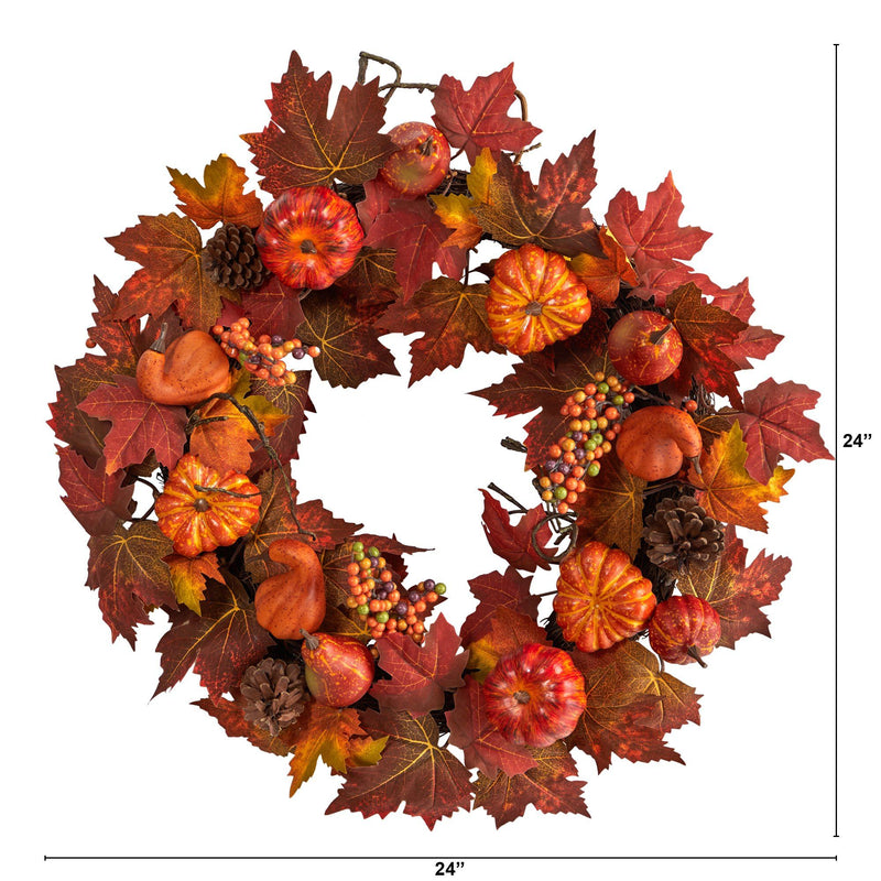 24” Autumn Maple Leaves, Pumpkin, Pinecone and Berries Artificial Fall Wreath by Nearly Natural