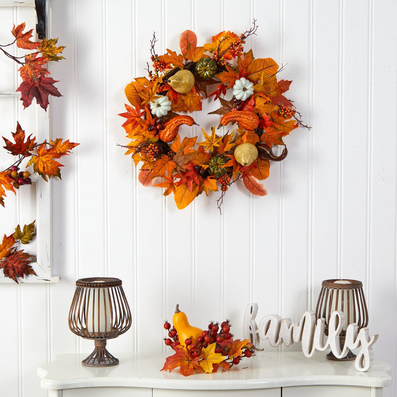 24” Autumn Pumpkin, Gourd and Berries in Assorted Colors Artificial Fall Wreath by Nearly Natural