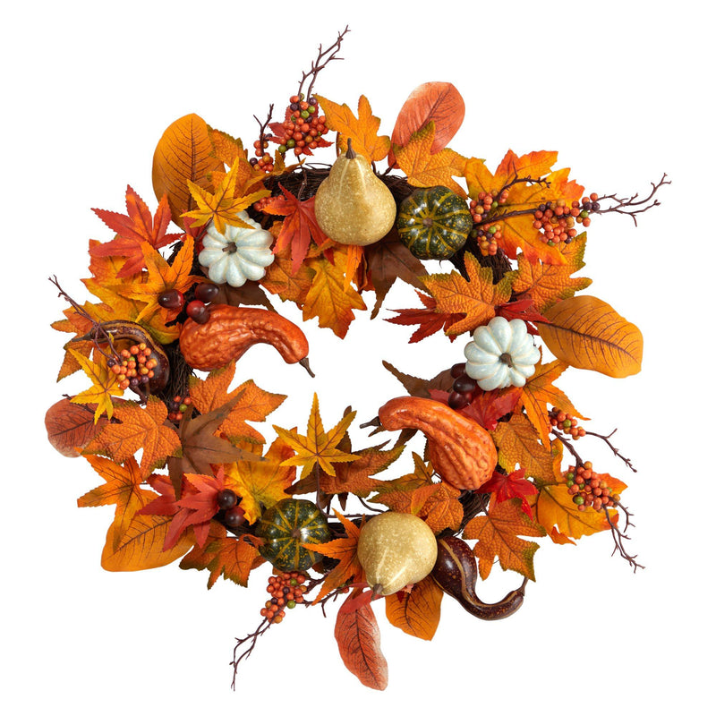 24” Autumn Pumpkin, Gourd and Berries in Assorted Colors Artificial Fall Wreath by Nearly Natural