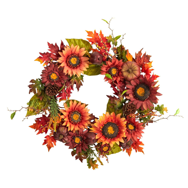 24” Autumn Sunflower, Pumpkin, Pinecone and Berries Fall Artificial Wreat by Nearly Natural