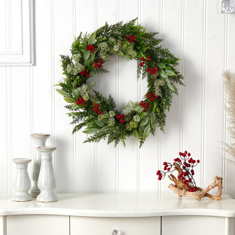 24” Cedar, Eucalyptus and Berries Artificial Christmas Wreath by Nearly Natural