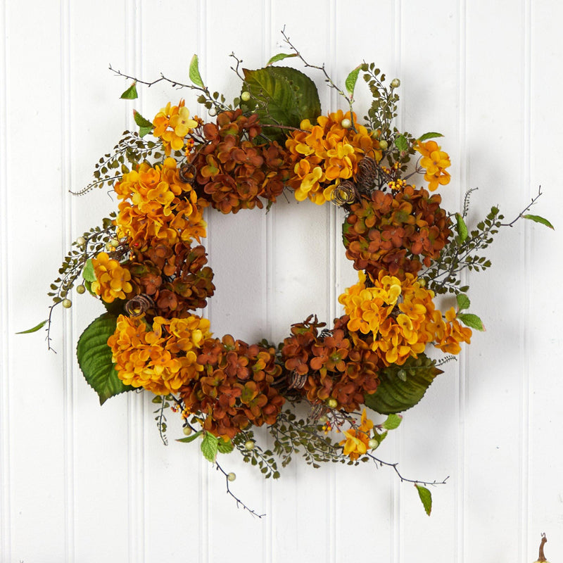 24” Fall Hydrangea Artificial Autumn Wreath by Nearly Natural
