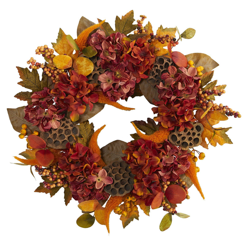 24” Fall Hydrangea, Lotus and Berries Artificial Wreath by Nearly Natural