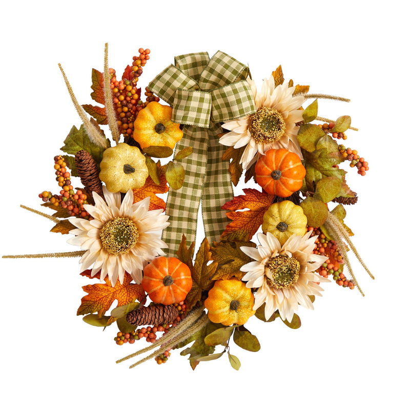24” Fall Pumpkin, Sunflower Artificial Autumn Wreath with Decorative Ribbon by Nearly Natural