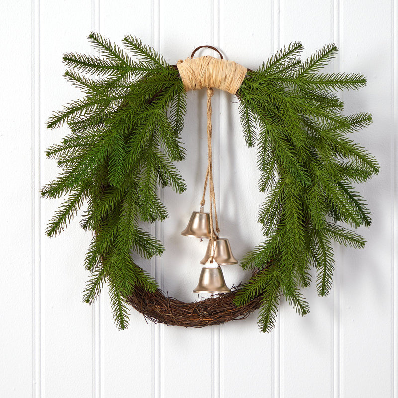 24” Holiday Christmas Pine and Bells Wreath by Nearly Natural