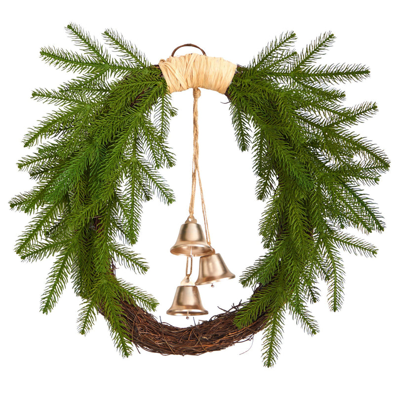 24” Holiday Christmas Pine and Bells Wreath by Nearly Natural