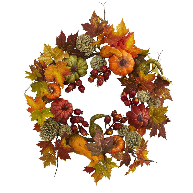 24” Pumpkin, Gourd, Berry and Maple Leaf Wreath by Nearly Natural