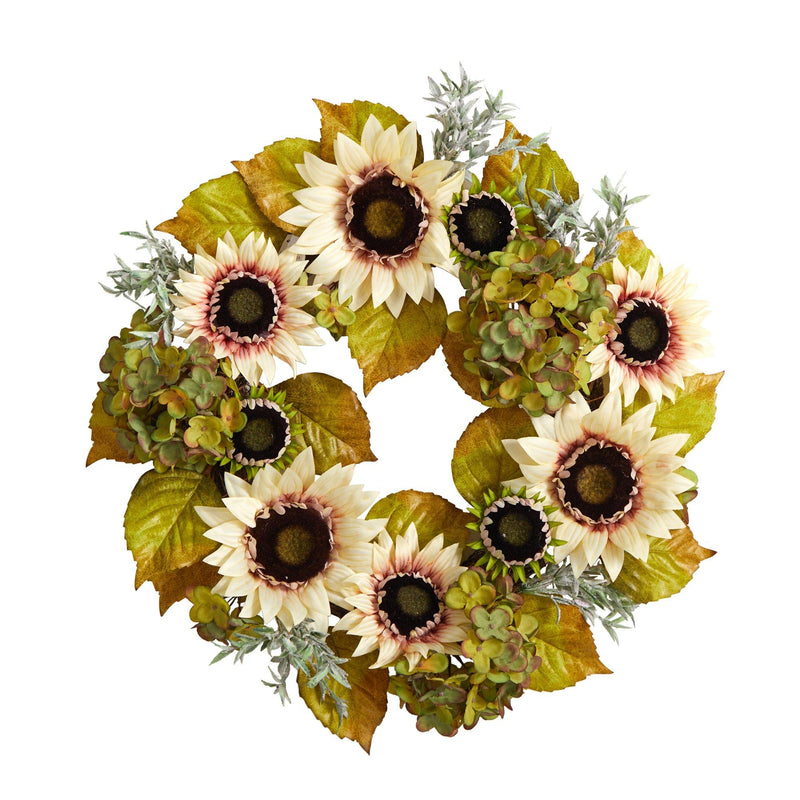 24” White Sunflower and Hydrangea Artificial Autumn Wreath by Nearly Natural