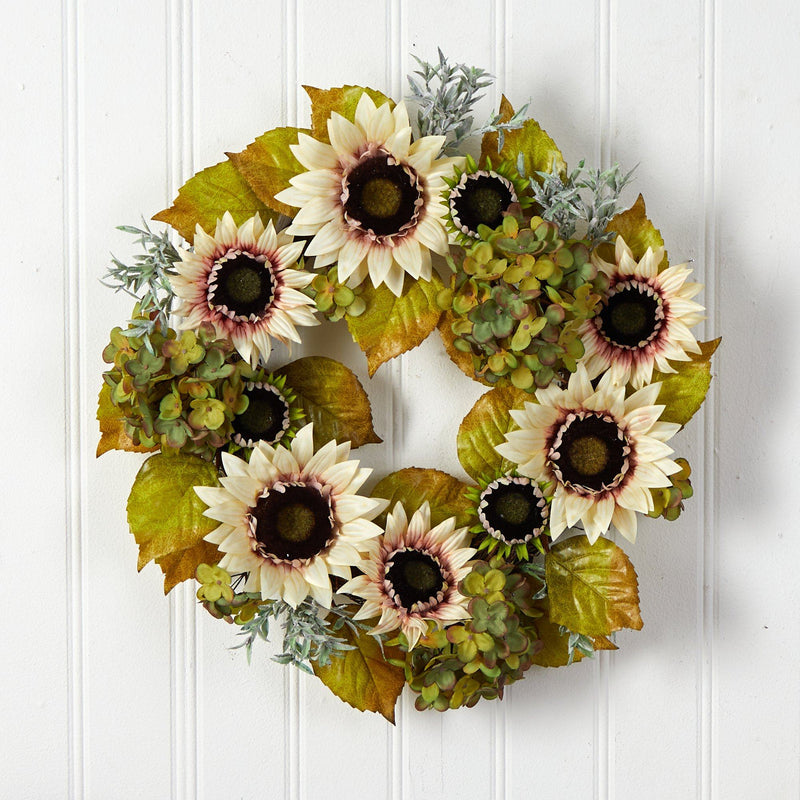 24” White Sunflower and Hydrangea Artificial Autumn Wreath by Nearly Natural