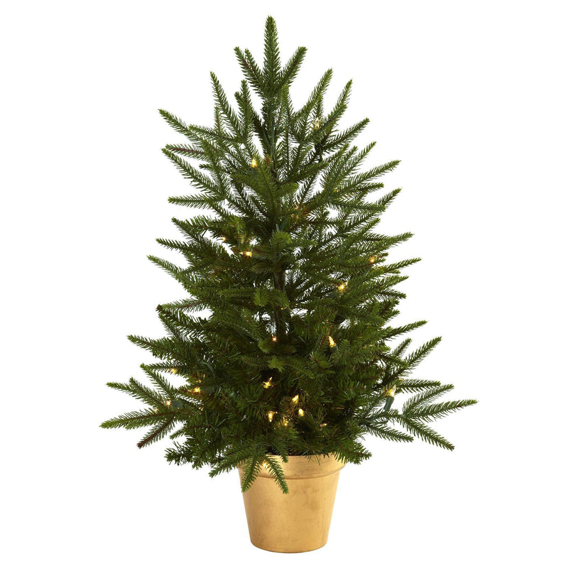 2.5’ Christmas Tree w/Golden Planter & Clear Lights by Nearly Natural