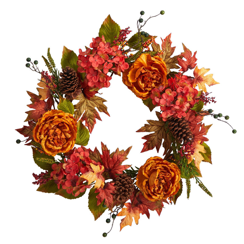 25” Fall Ranunculus, Hydrangea and Berries Autumn Artificial Wreath by Nearly Natural