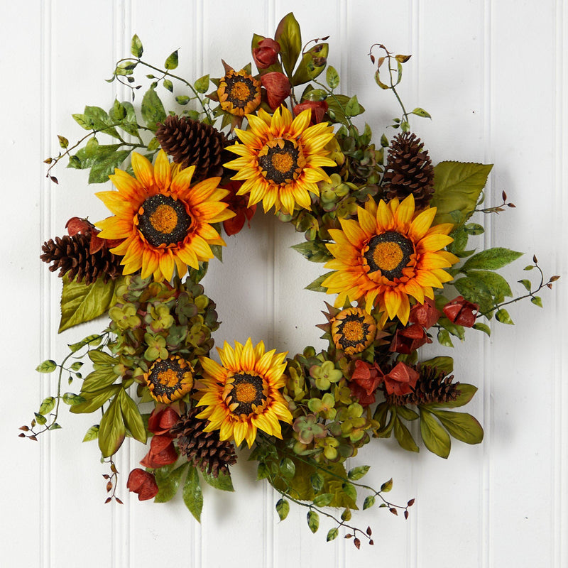 26” Fall Hydrangea, Sunflower and Pinecones Artificial Autumn Wreath by Nearly Natural