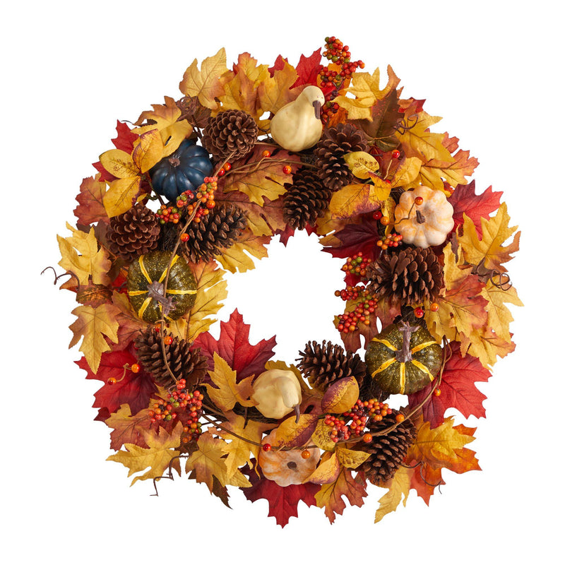 26” Fall Pumpkin, Gourd, Pinecone and Maple Leaf Artificial Autumn Wreath by Nearly Natural