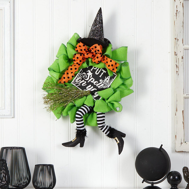 26" Halloween Witch Broom and Hat Mesh Wreath" by Nearly Natural