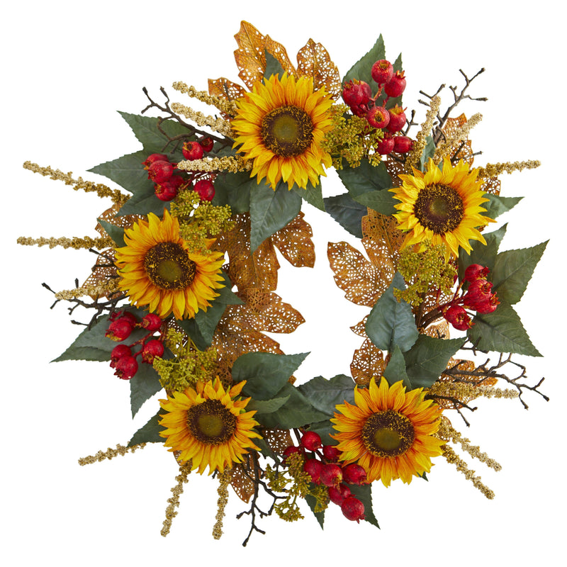 27” Sunflower Berry Artificial Wreath by Nearly Natural