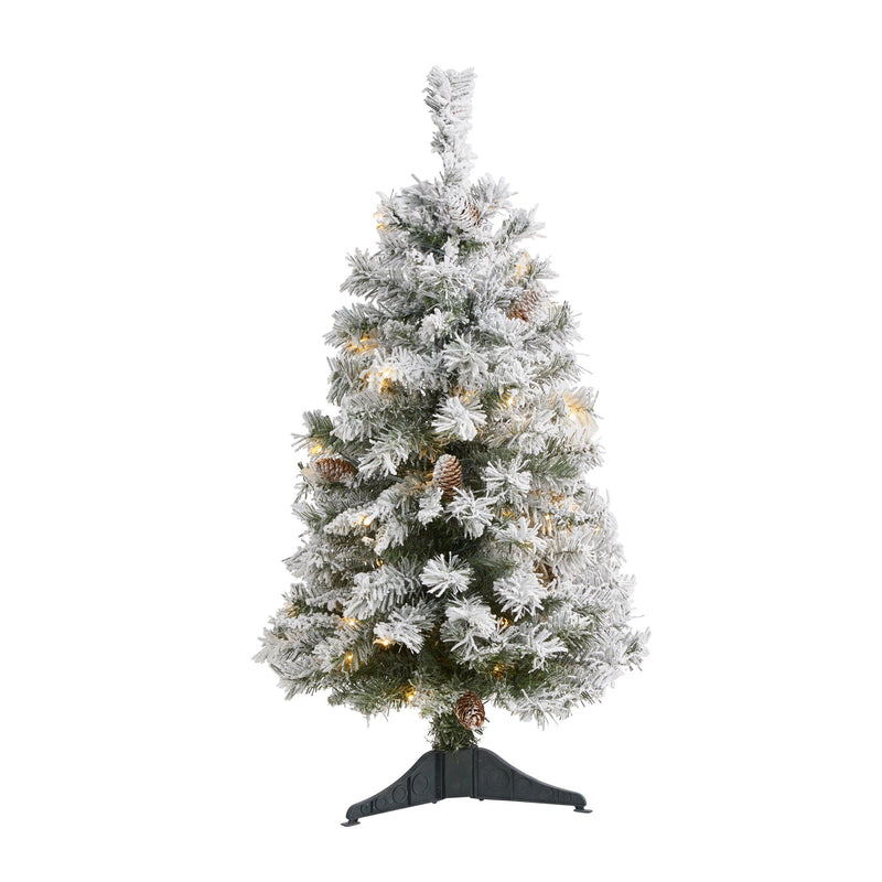 3' Flocked White River Mountain Pine Artificial Christmas Tree with Pinecones and 50 Clear LED Lights by Nearly Natural
